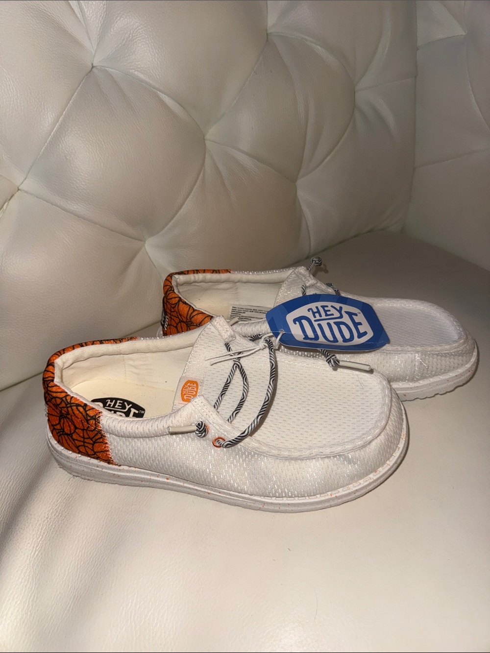 Brand New Hey Dude Kids White Slip-On Sneakers with Orange Patterned Heel